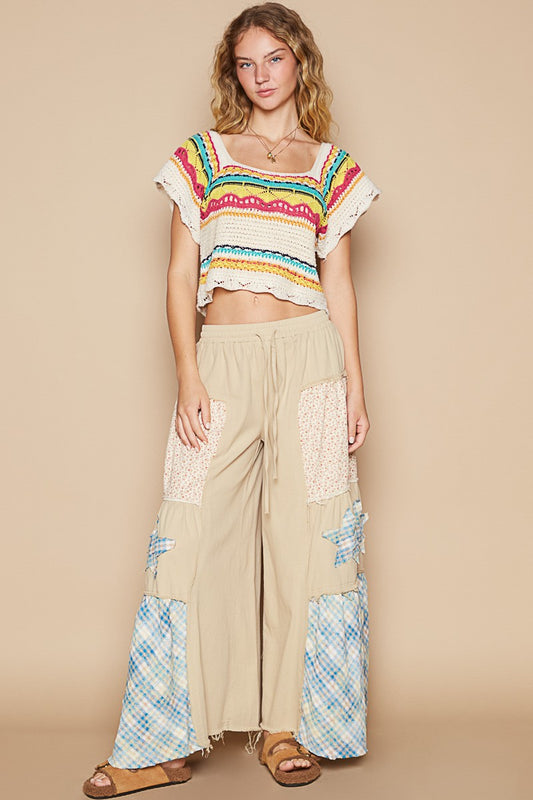 POL Openwork Ethnic Pattern Square Neck Cropped Knit Top - Classique Collection