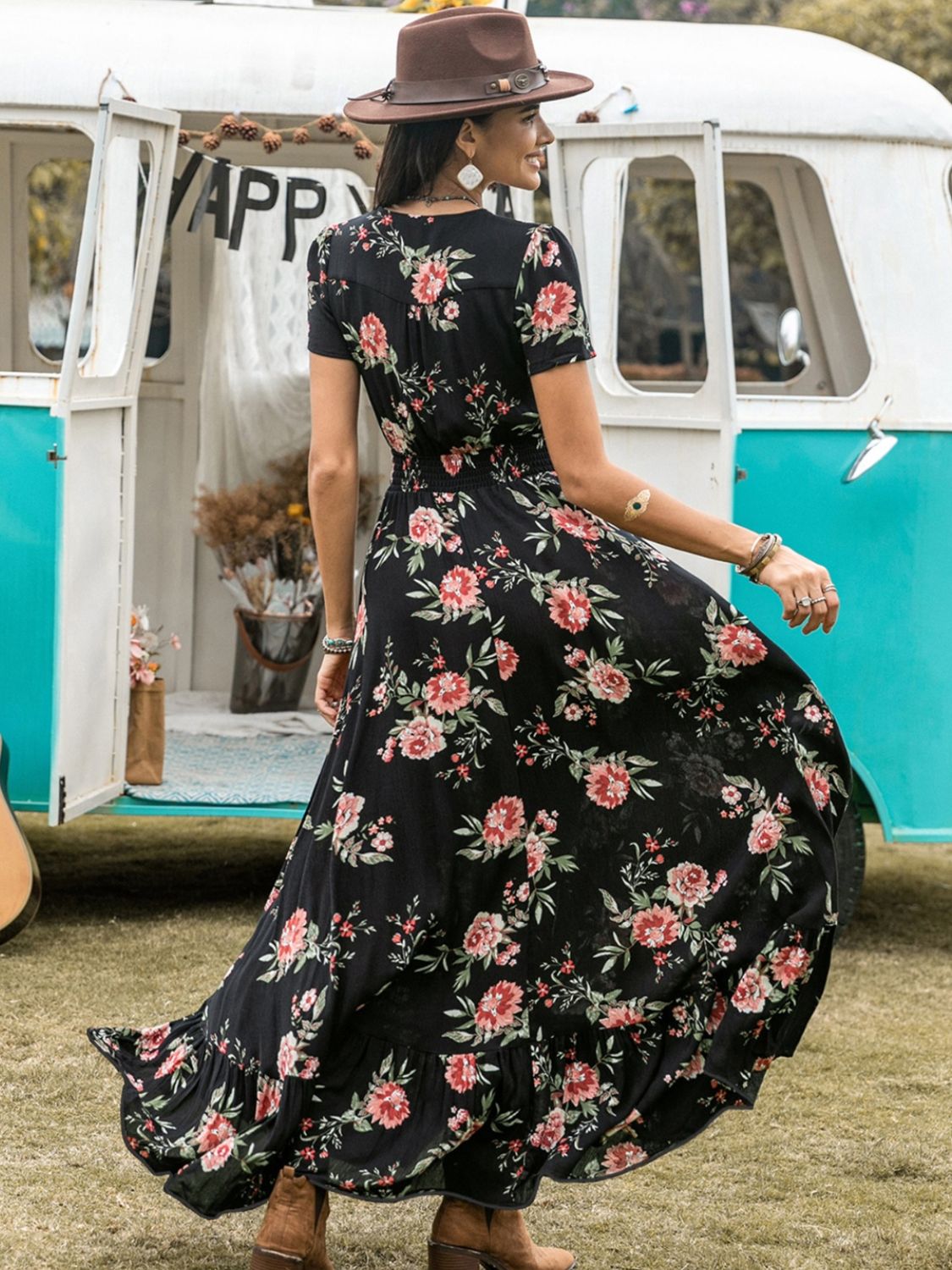 Split Printed V-Neck Short Sleeve Dress - Classique Collection