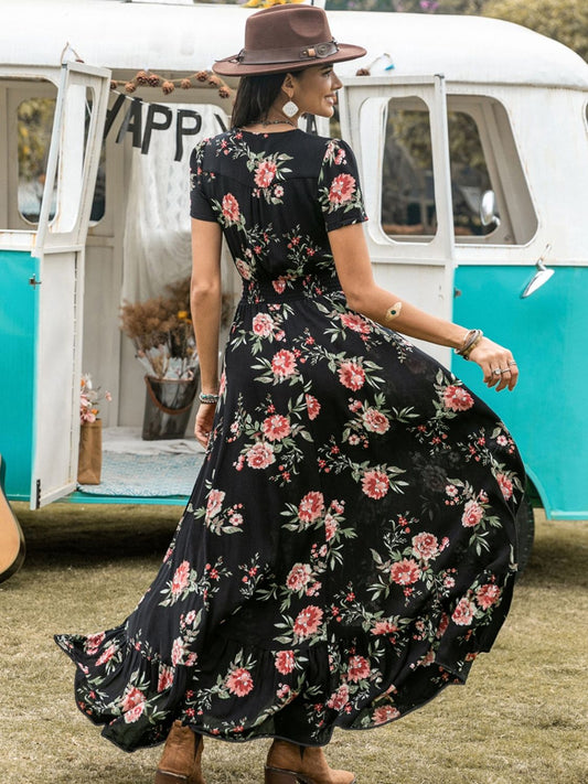 Split Printed V-Neck Short Sleeve Dress - Classique Collection