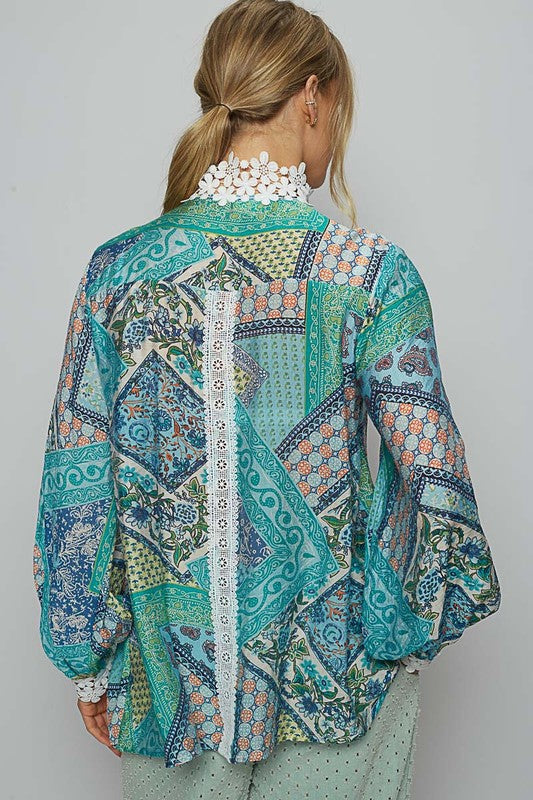 POL Lace Detail Printed Button Down Shirt - Classique Collection