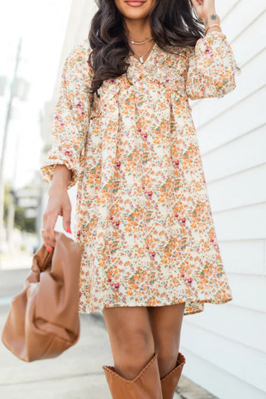Printed V-Neck Balloon Sleeve Mini Dress - Classique Collection
