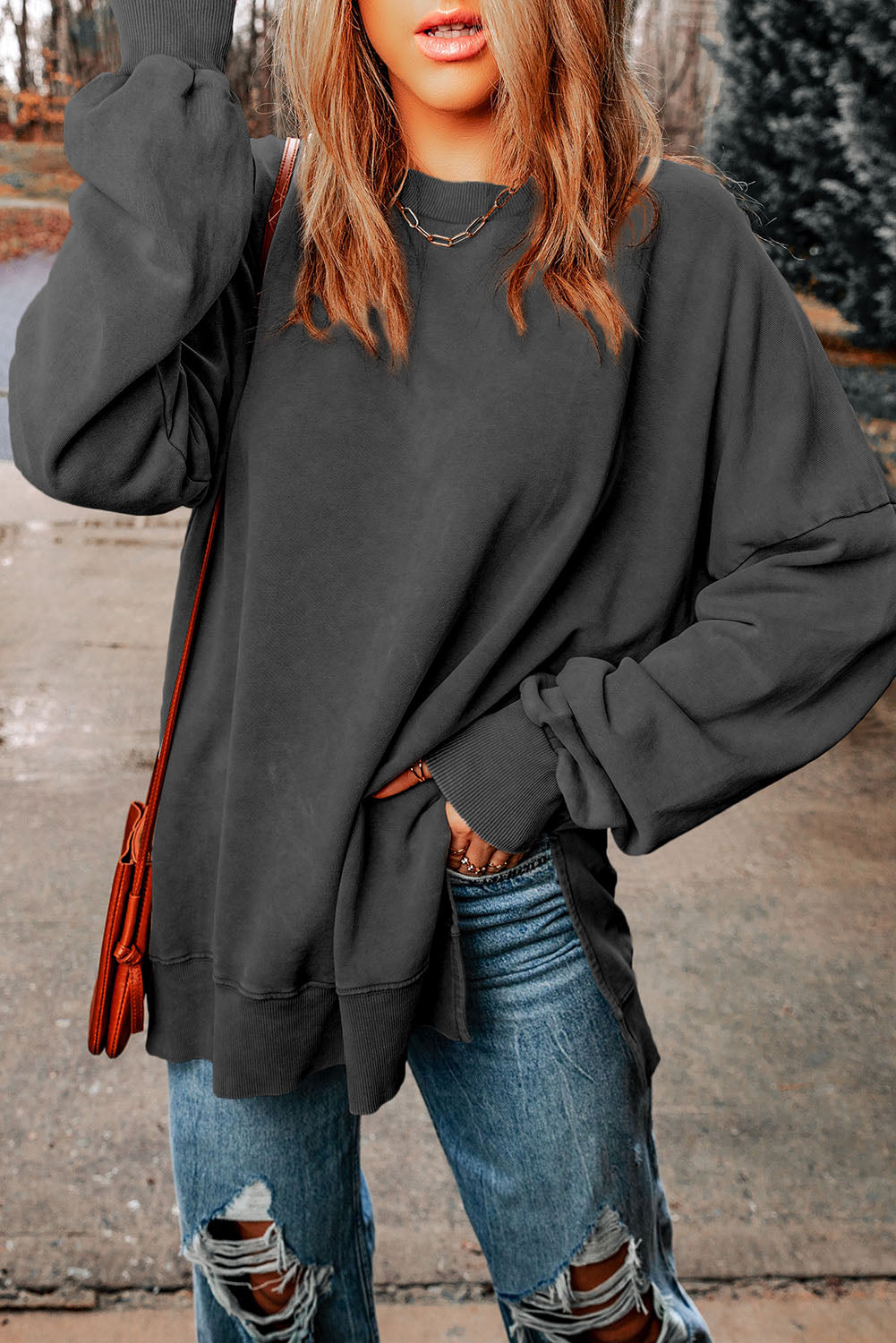 Dropped Shoulder Round Neck Long Sleeve Blouse - ClassiQ
