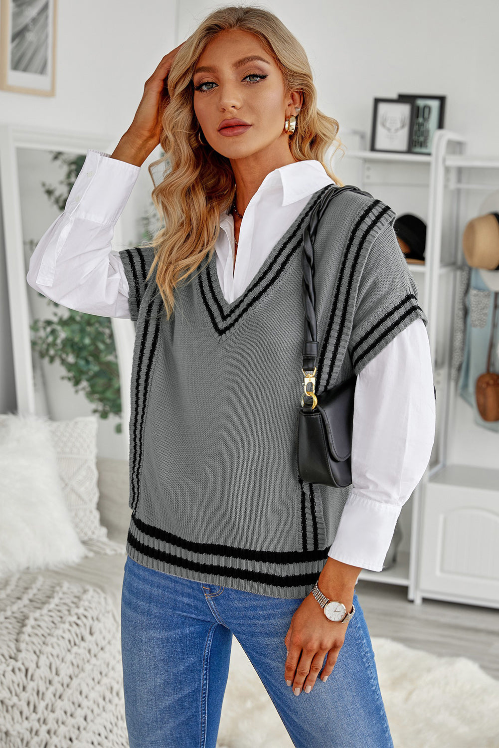 Striped Trim V-Neck Sweater Vest - ClassiQ