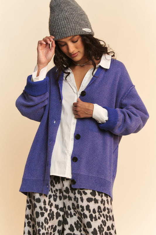 Davi & Dani Shawl Collar Ribbed Detail Button Up Cardigan - Classique Collection