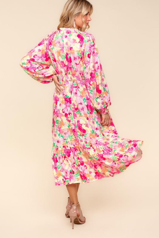 Haptics Full Size Floral Surplice Balloon Sleeve Dress with Side Pockets - Classique Collection