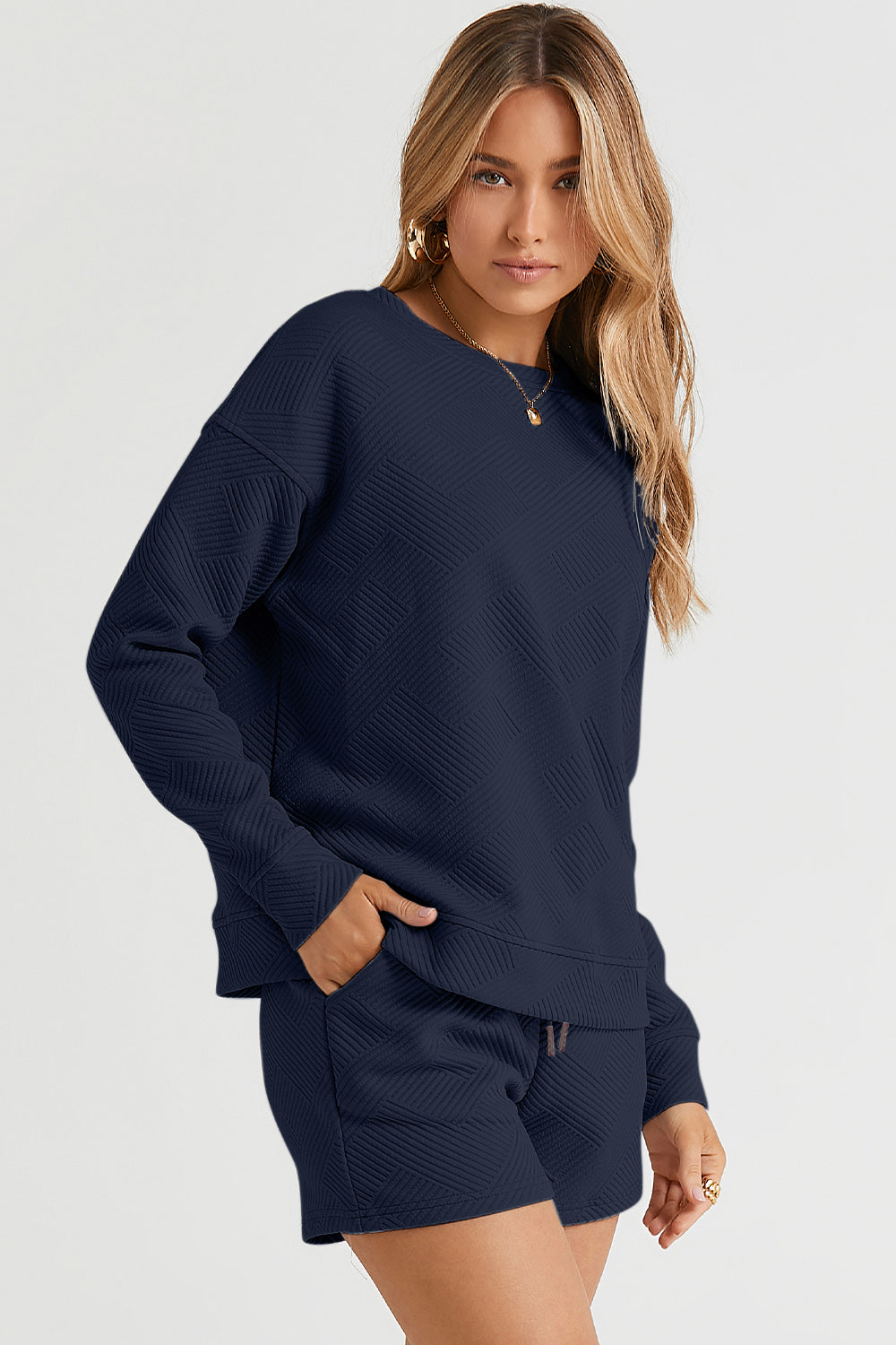 Double Take Full Size Texture Long Sleeve Top and Drawstring Shorts Set - ClassiQ