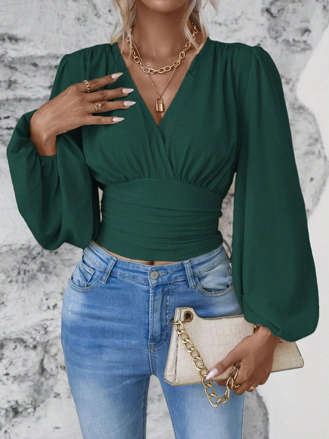 Smocked Surplice Balloon Sleeve Top - Classique Collection