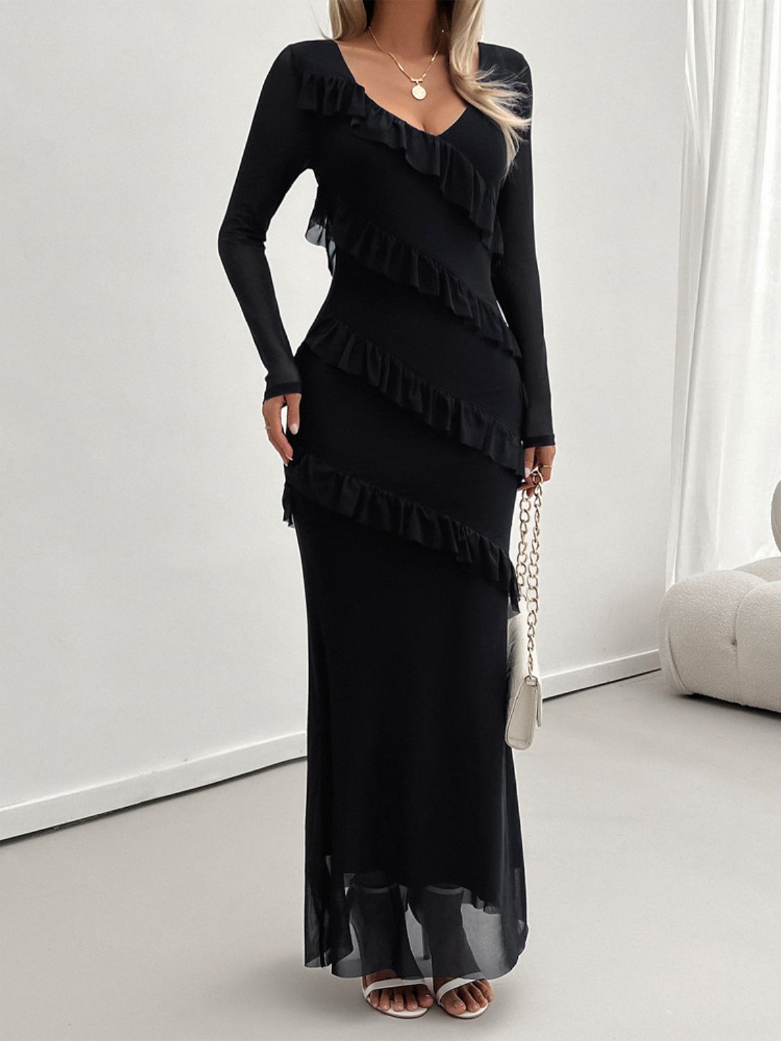 Devine Ruffled Surplice Long Sleeve Maxi Dress - Classique Collection