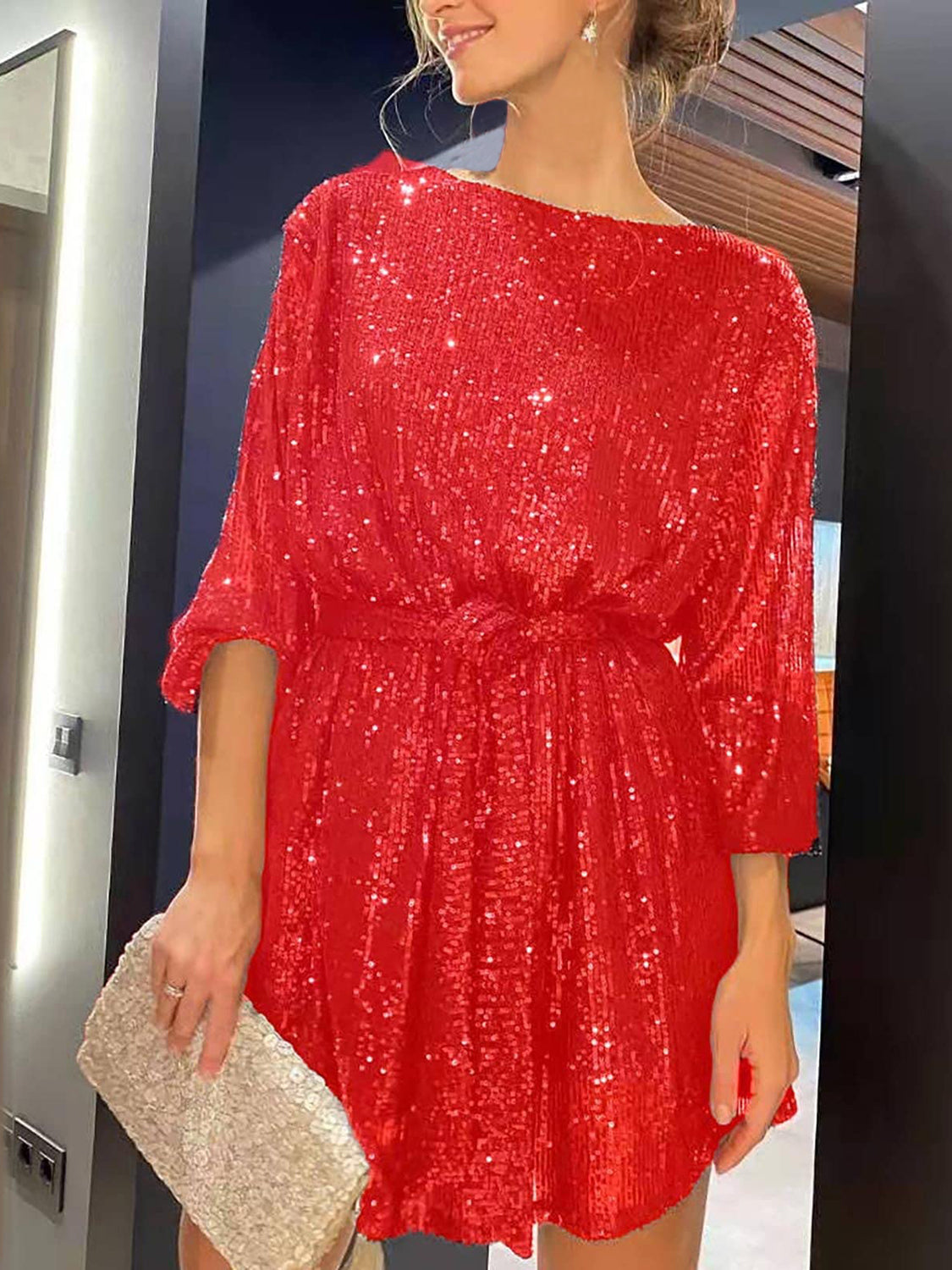 Sequin Tie Waist Long Sleeve Mini Dress - Classique Collection