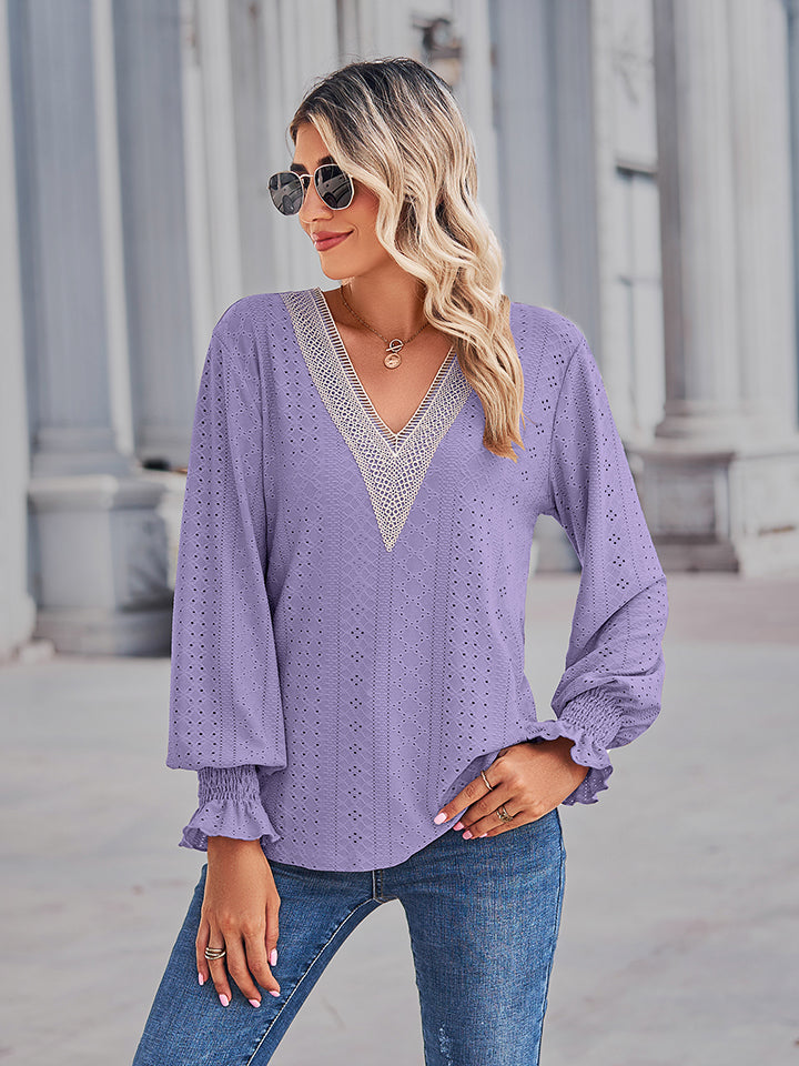 V-Neck Eyelet Flounce Sleeve Blouse - Classique Collection