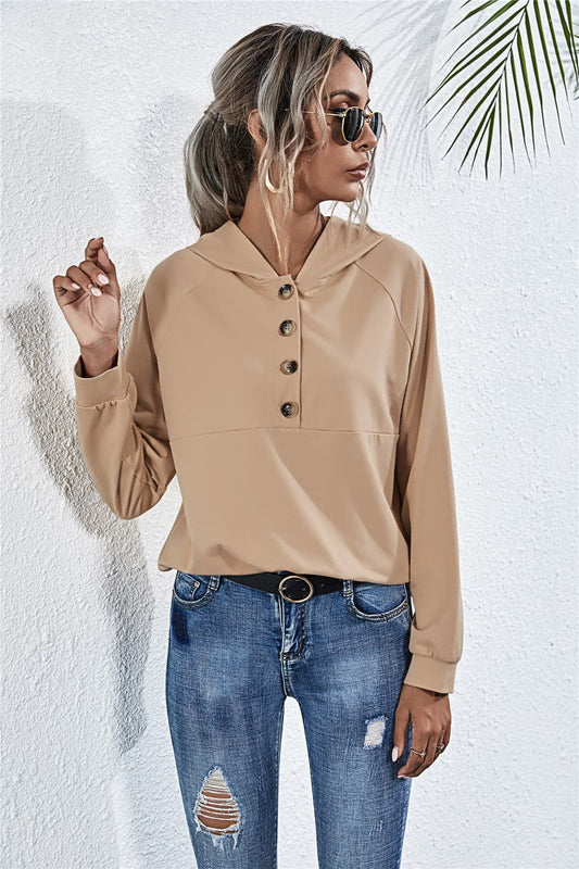 Buttoned Raglan Sleeve Hooded Blouse - ClassiQ
