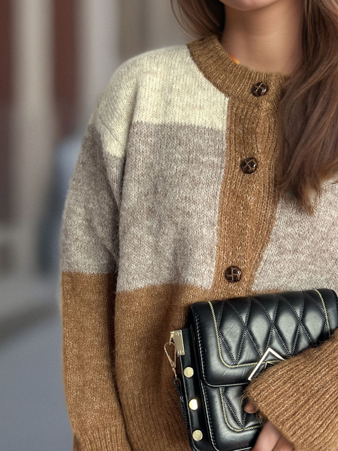 Color Block Round Neck Button Up Cardigan - ClassiQ