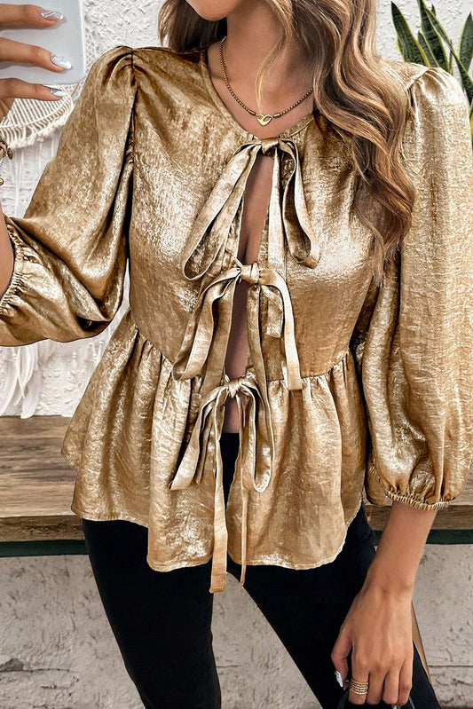 Tied Peplum Three-Quarter Sleeve Blouse - Classique Collection