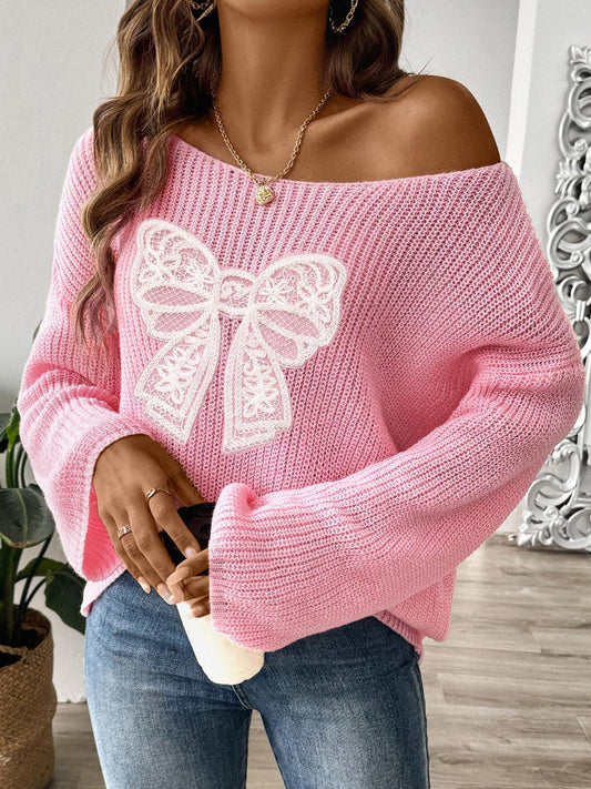 Bow Boat Neck Long Sleeve Sweater - ClassiQ