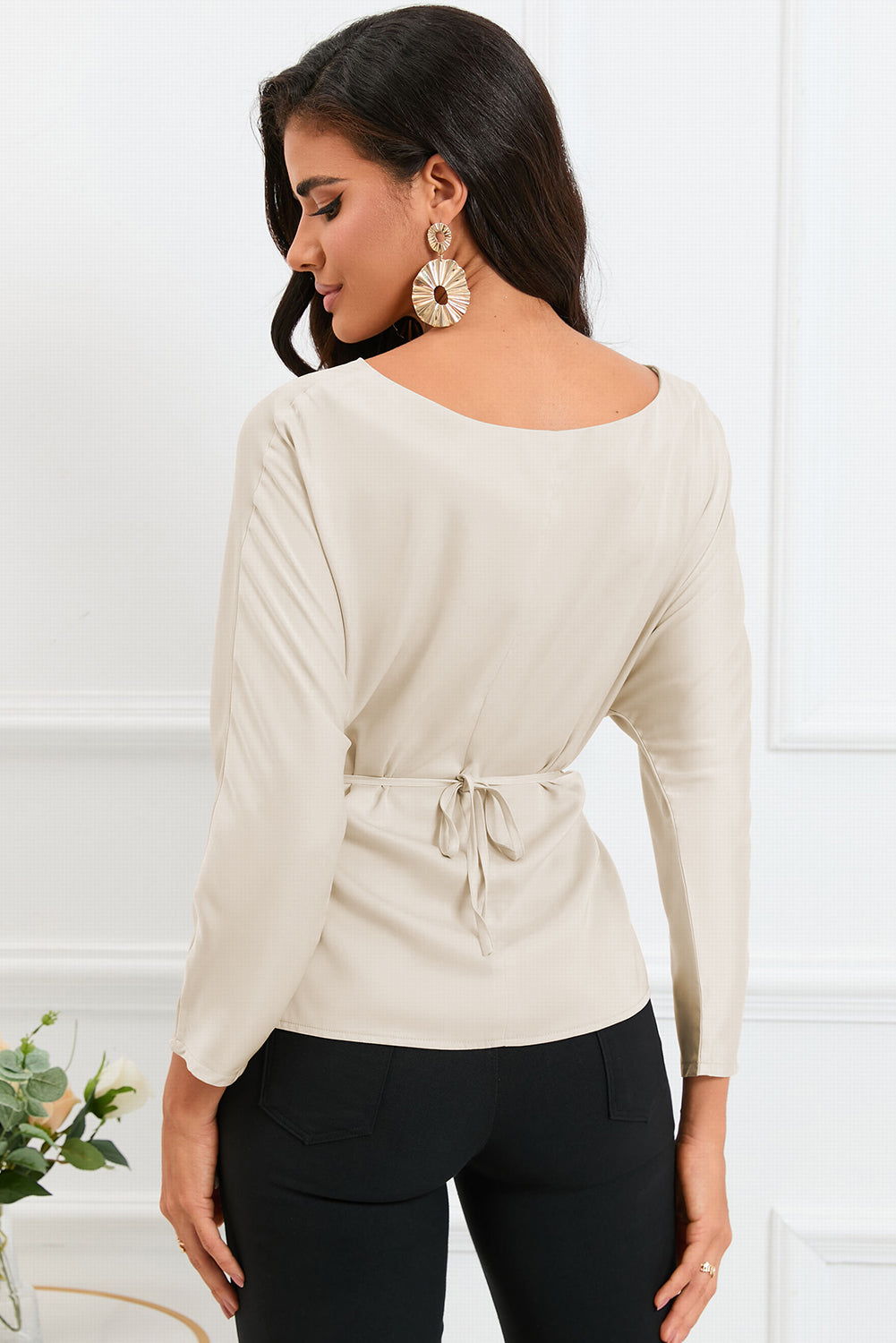 Boat Neck Back Tie Long Sleeve Satin Blouse - Classique Collection