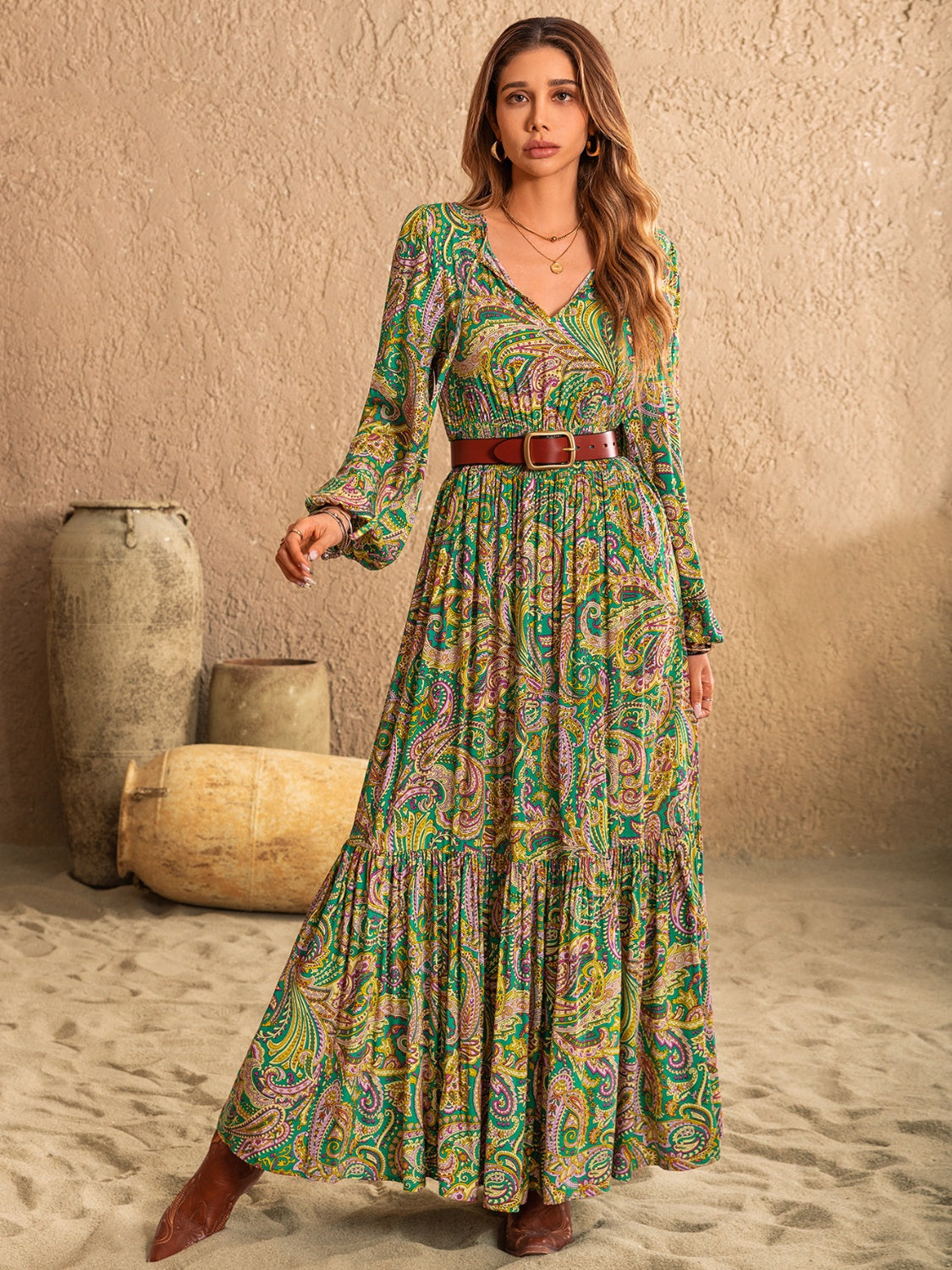 Printed Tie Neck Long Sleeve Dress - Classique Collection