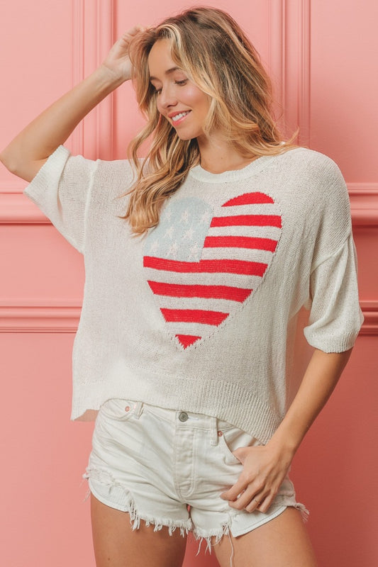 BiBi Striped Heart Contrast Knit Top - ClassiQ