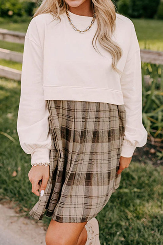 Plaid Round Neck Long Sleeve Mini Dress - Classique Collection