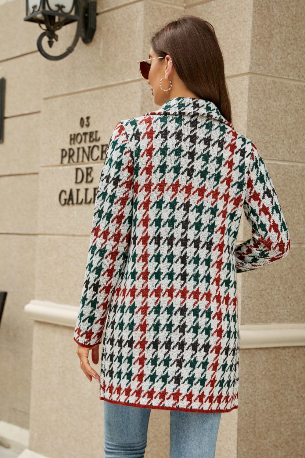 Printed Open Front Lapel Collar Cardigan with Pockets - ClassiQ