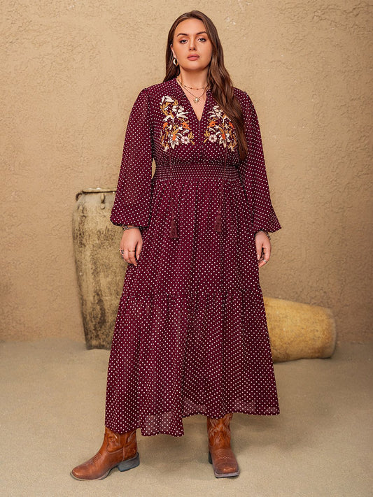 Plus Size Embroidered Polka Dot Tie Neck Long Sleeve Midi Dress - Classique Collection