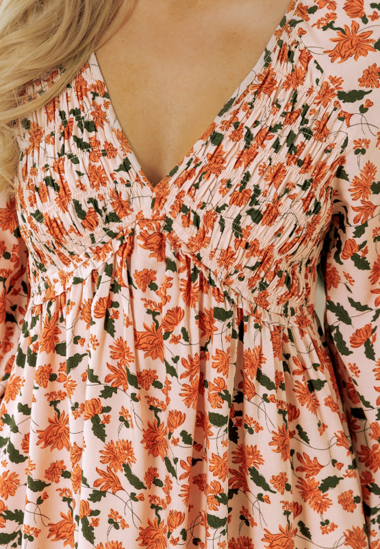 Smocked Printed V-Neck Long Sleeve Dress - Classique Collection
