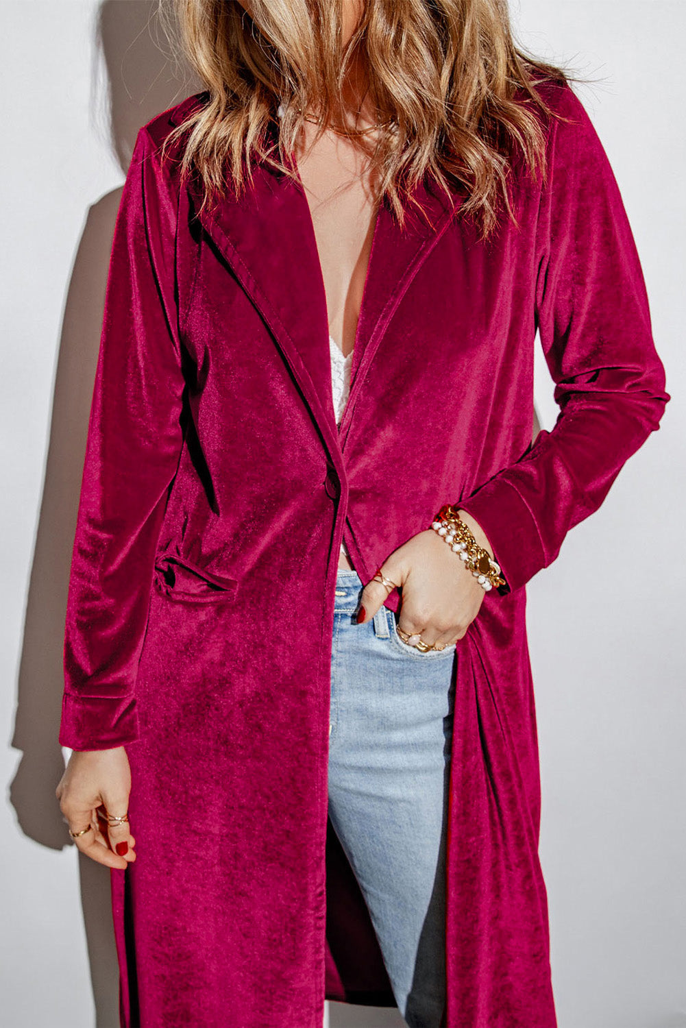 Collared Neck Longline Velvet Cardigan with Pockets - Classique Collection