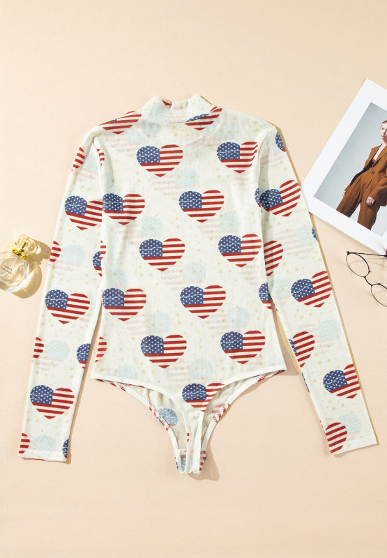 US Flag Heart Mock Neck Long Sleeve Bodysuit - Classique Collection