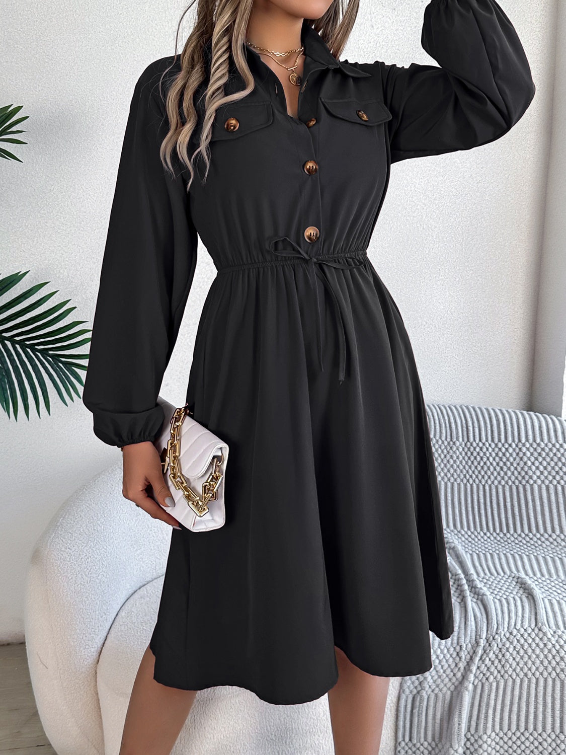 Collared Neck Long Sleeve Dress with Pockets - Classique Collection