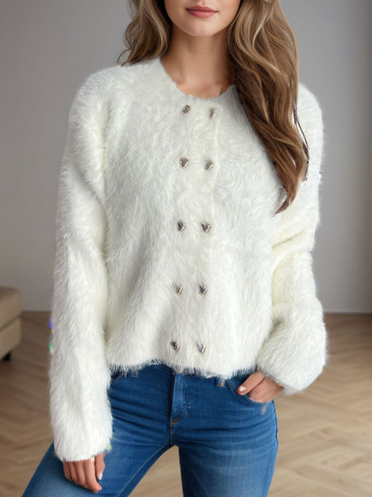 Heart Button Round Neck Cardigan - ClassiQ
