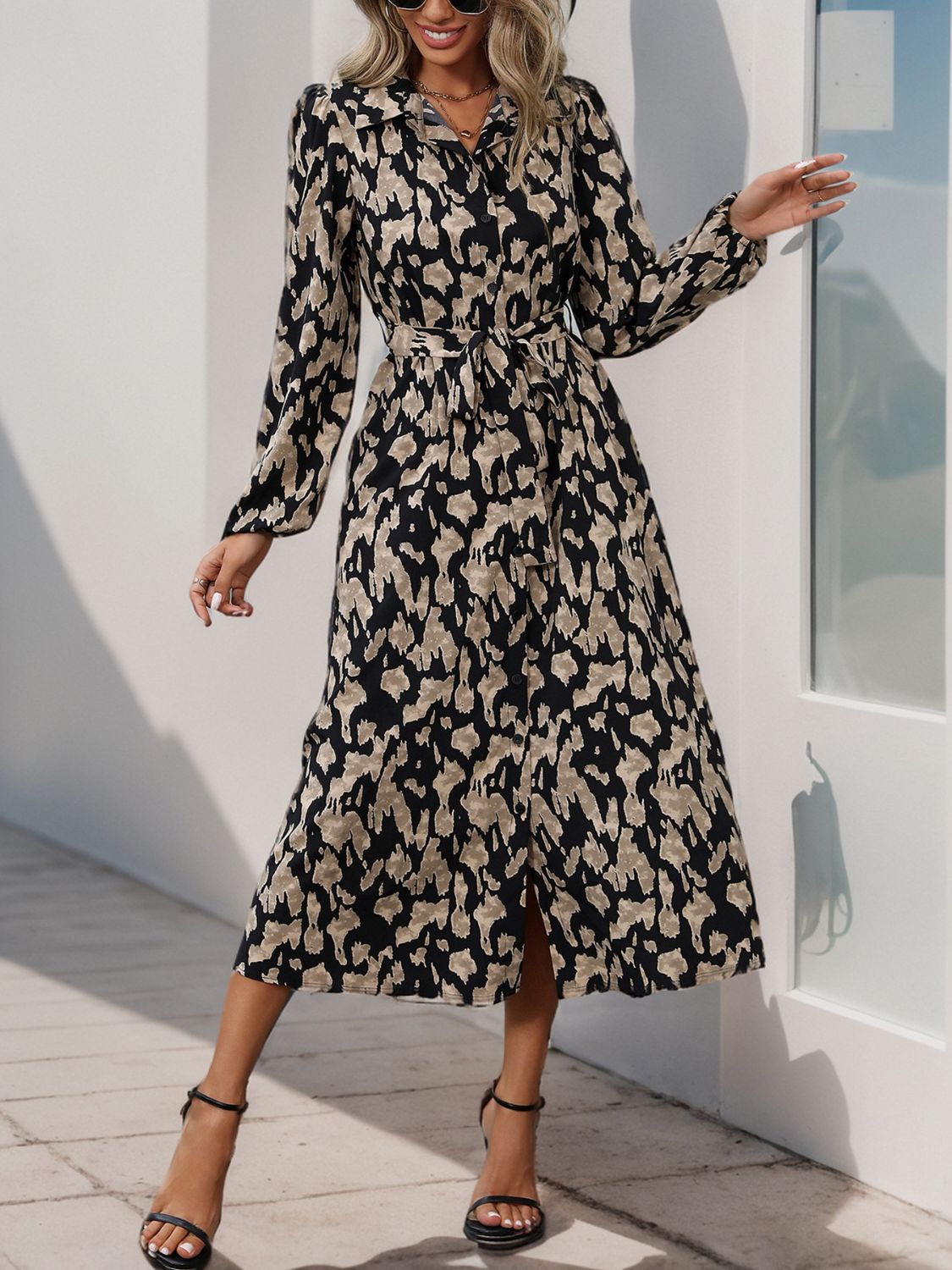 Perfee Printed Long Sleeve Midi Dress - Classique Collection