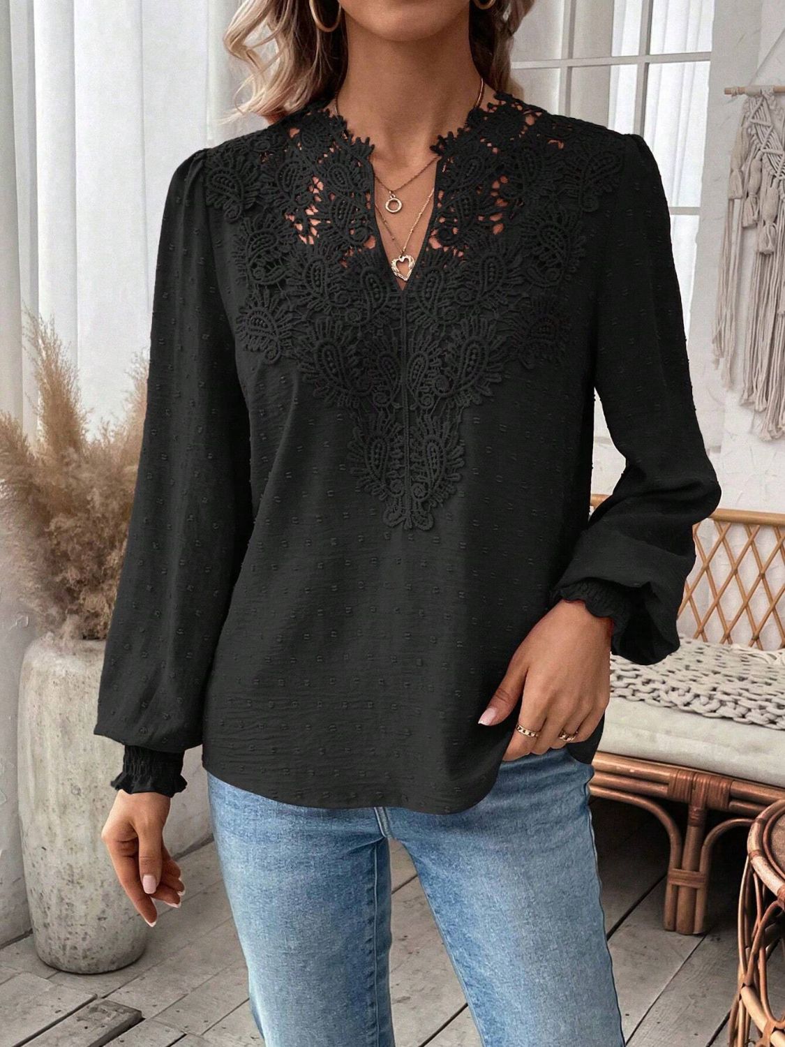 Swiss Dot Lace Detail Notched Long Sleeve Blouse - Classique Collection