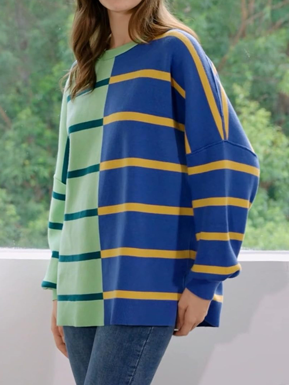 Striped Round Neck Long Sleeve Sweater - ClassiQ