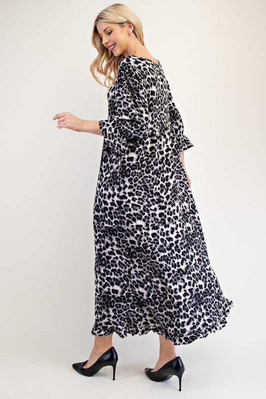 Celeste Full Size Leopard Round Neck Flounce Sleeve Dress - Classique Collection