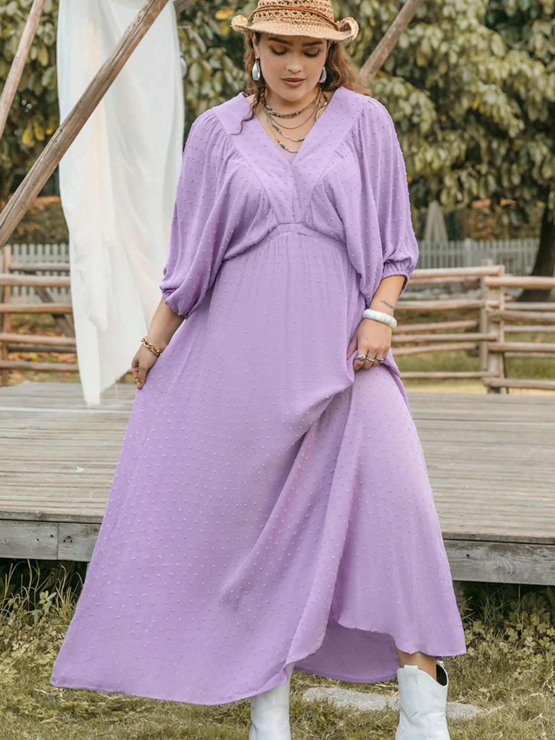Plus Size Swiss Dot V-Neck Midi Dress - Classique Collection