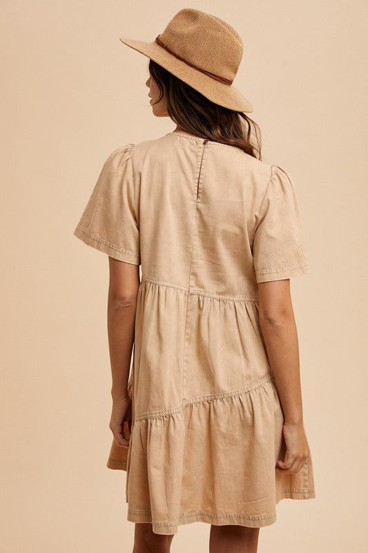 Annie Wear Mineral Washed Round Neck Short Sleeve Denim Dress - ClassiQ