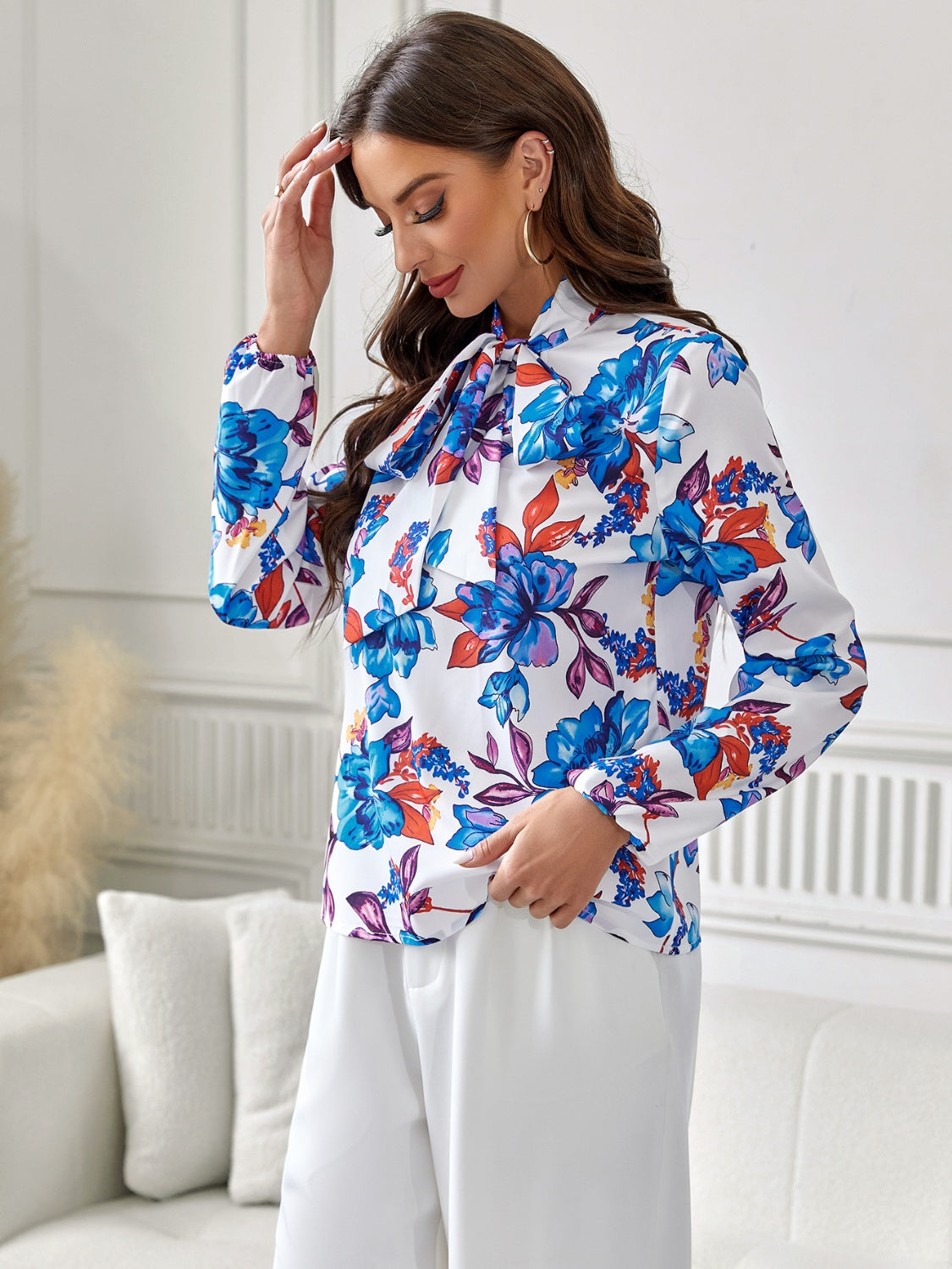 Floral Tie Neck Long Sleeve Blouse - ClassiQ