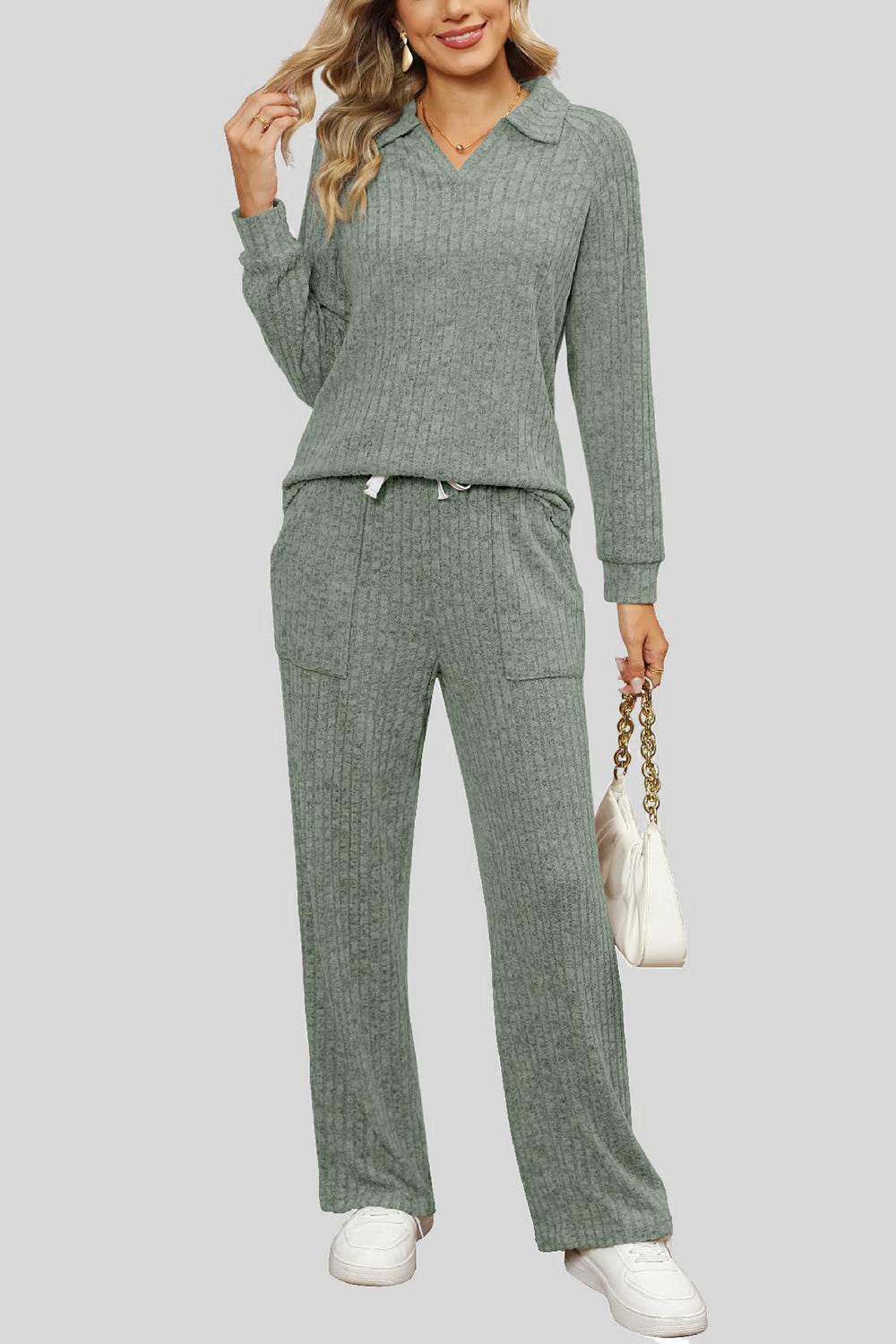 Ribbed Long Sleeve Top and Pocketed Pants Set - ClassiQ