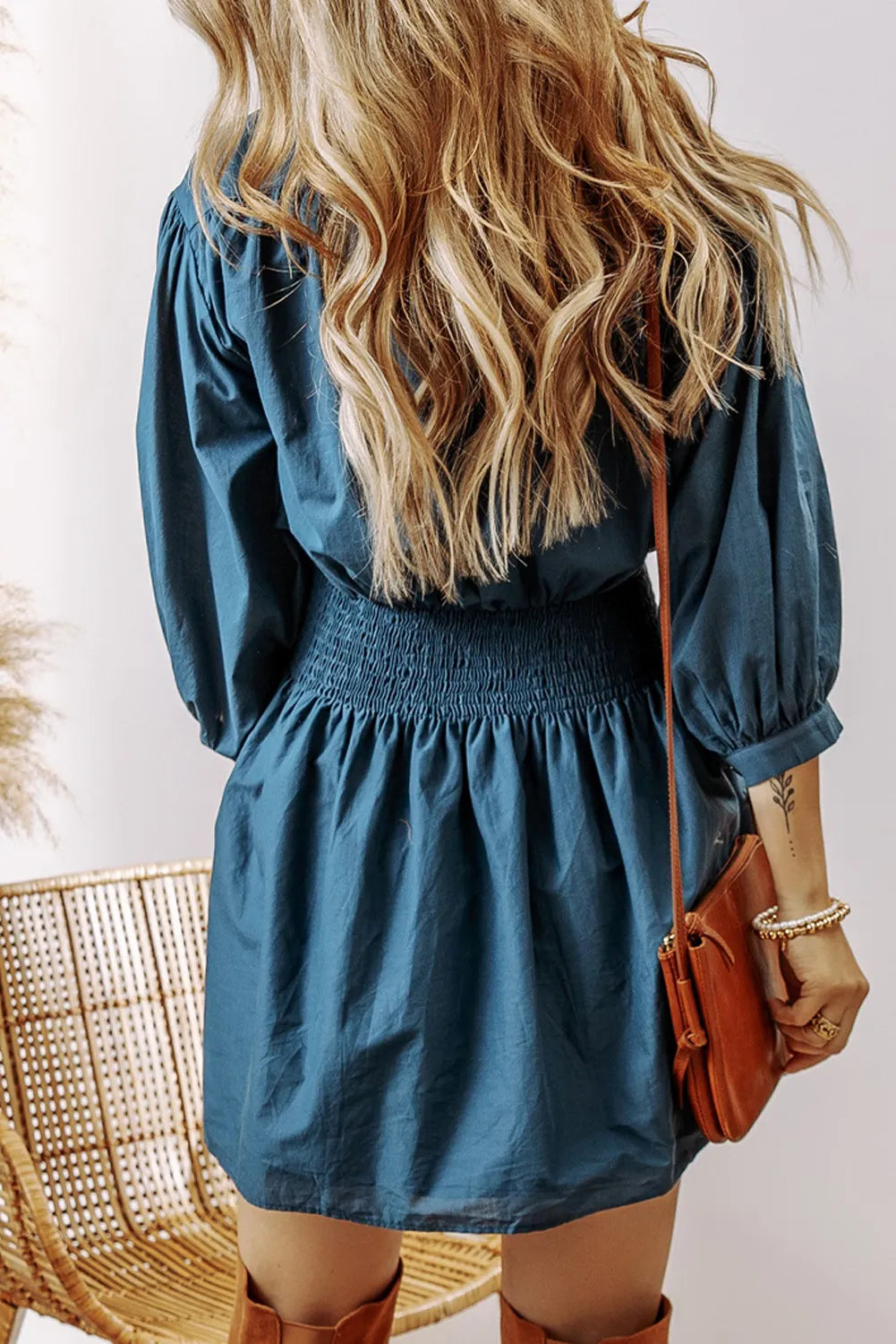 Smocked Half Button Three-Quarter Sleeve Mini Dress - Classique Collection