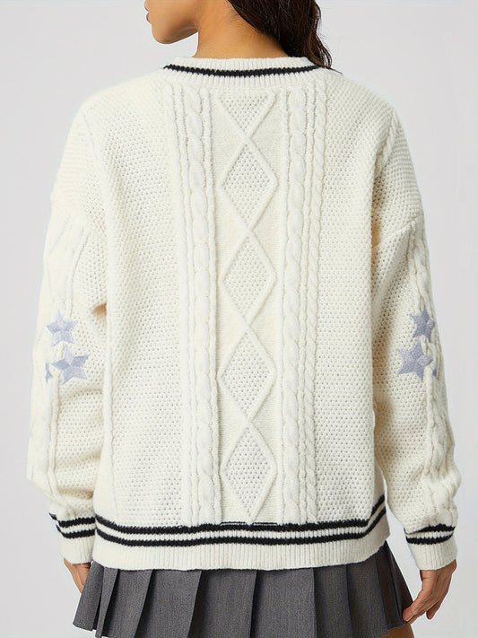 Star Embroidered V-Neck Long Sleeve Cardigan - ClassiQ