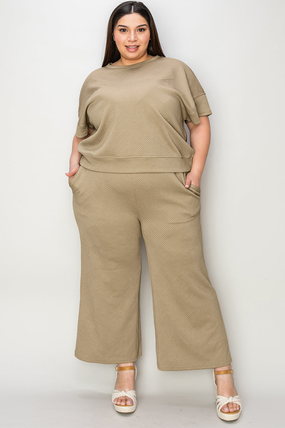 Double Take Full Size Texture Short Sleeve Top and Pants Set - ClassiQ