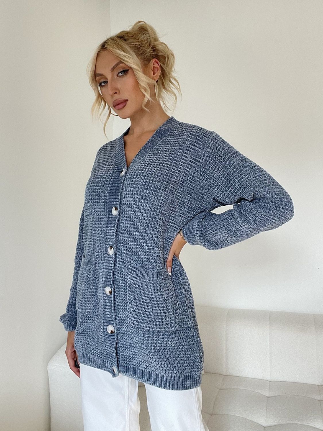 Pocketed V-Neck Button Up Cardigan - ClassiQ