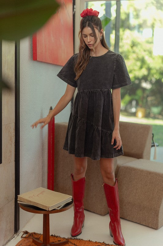 Annie Wear Mineral Washed Round Neck Short Sleeve Denim Dress - ClassiQ