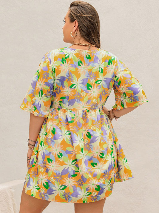 Plus Size Printed V-Neck Half Sleeve Mini Dress - Classique Collection