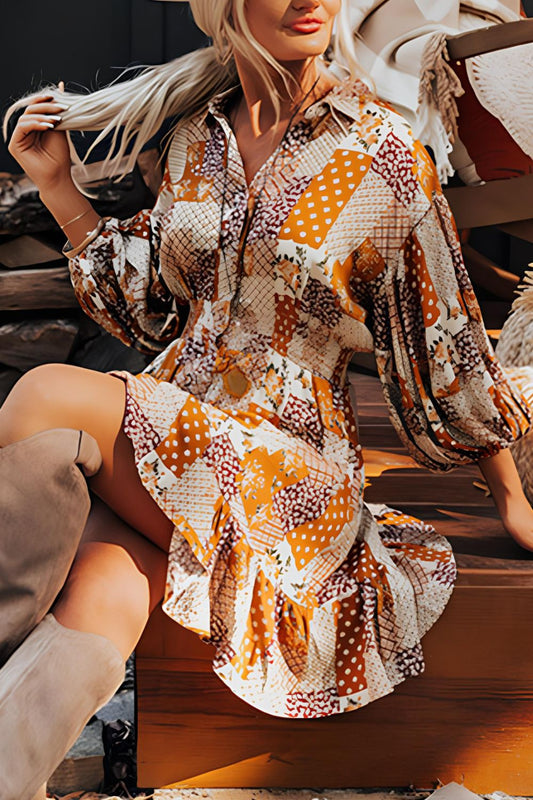 Printed Collared Neck Three-Quarter Sleeve Mini Shirt Dress - Classique Collection