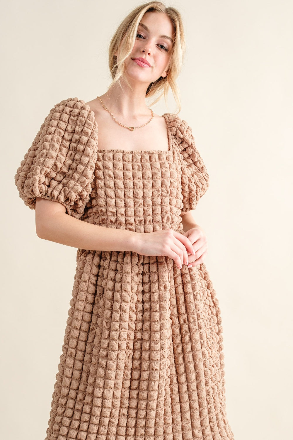 And The Why Full Size Square Neck Puff Sleeve Dress - Classique Collection