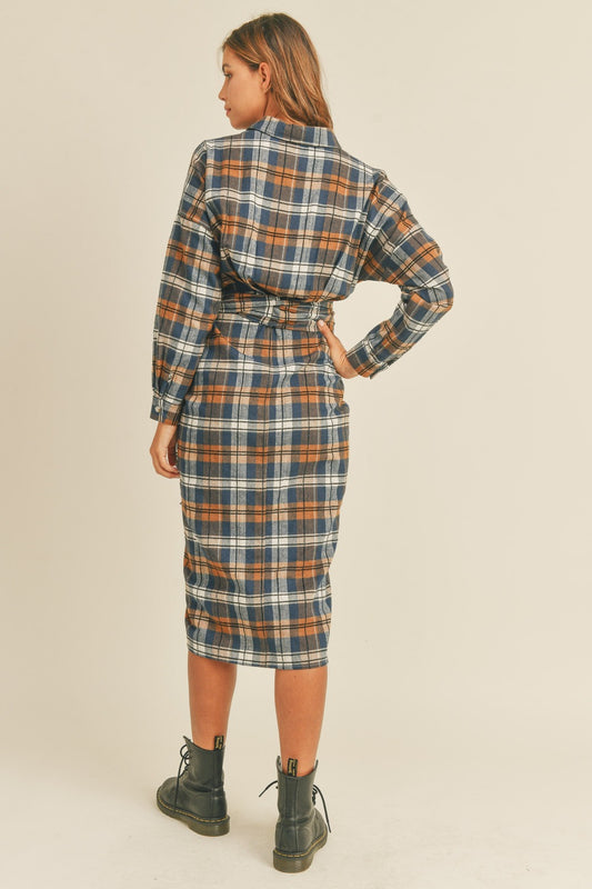 Mable Plaid Flannel Front Tie Button Down Shirt Dress - Classique Collection