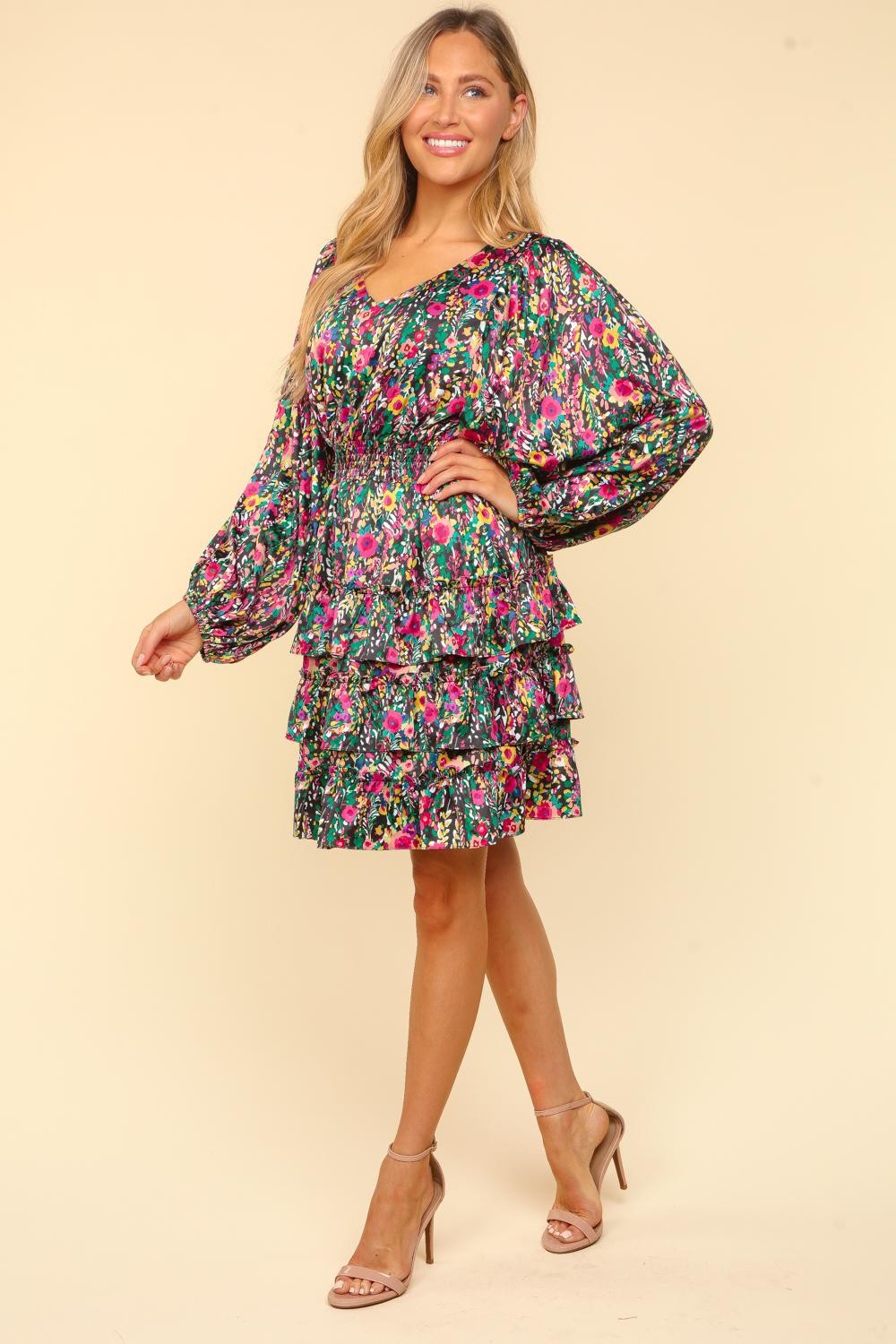 Haptics V-Neck Satin Floral Layered Dress - Classique Collection
