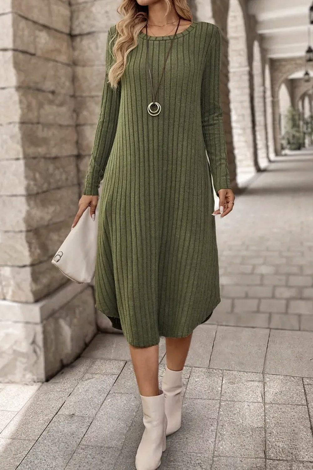 Ribbed Curved Hem Round Neck Long Sleeve Dress - Classique Collection