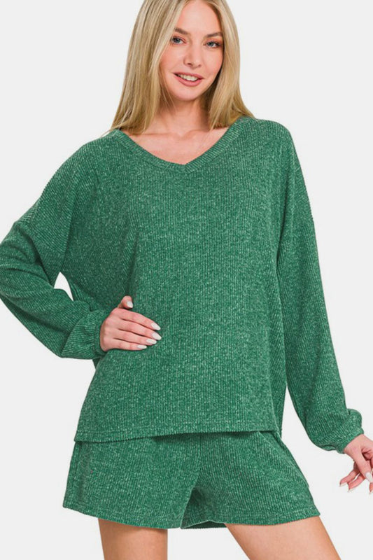 Zenana V-Neck Long Sleeve Ribbed Top and Shorts Set - ClassiQ