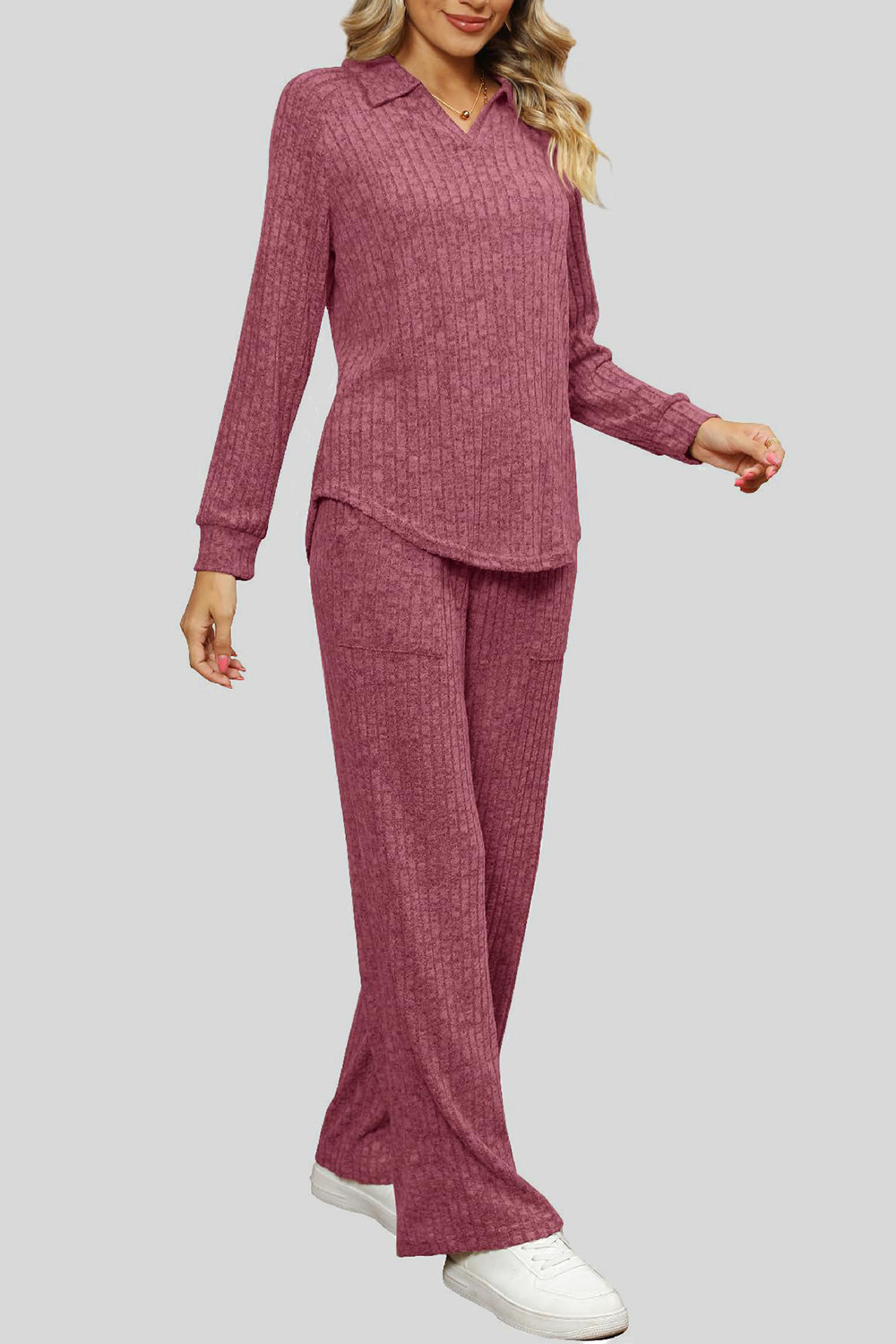Ribbed Long Sleeve Top and Pocketed Pants Set - ClassiQ